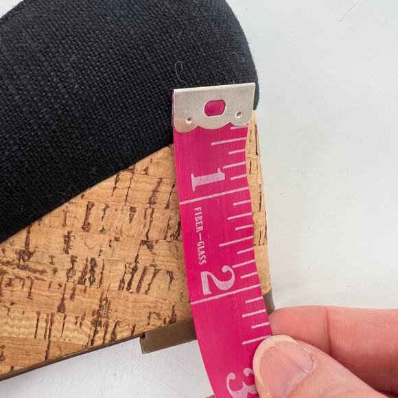 Etienne Aigner Digit Wedge Womens 8M Black Bow Canvas Open Toe Cork Wedge Heels - Picture 12 of 12